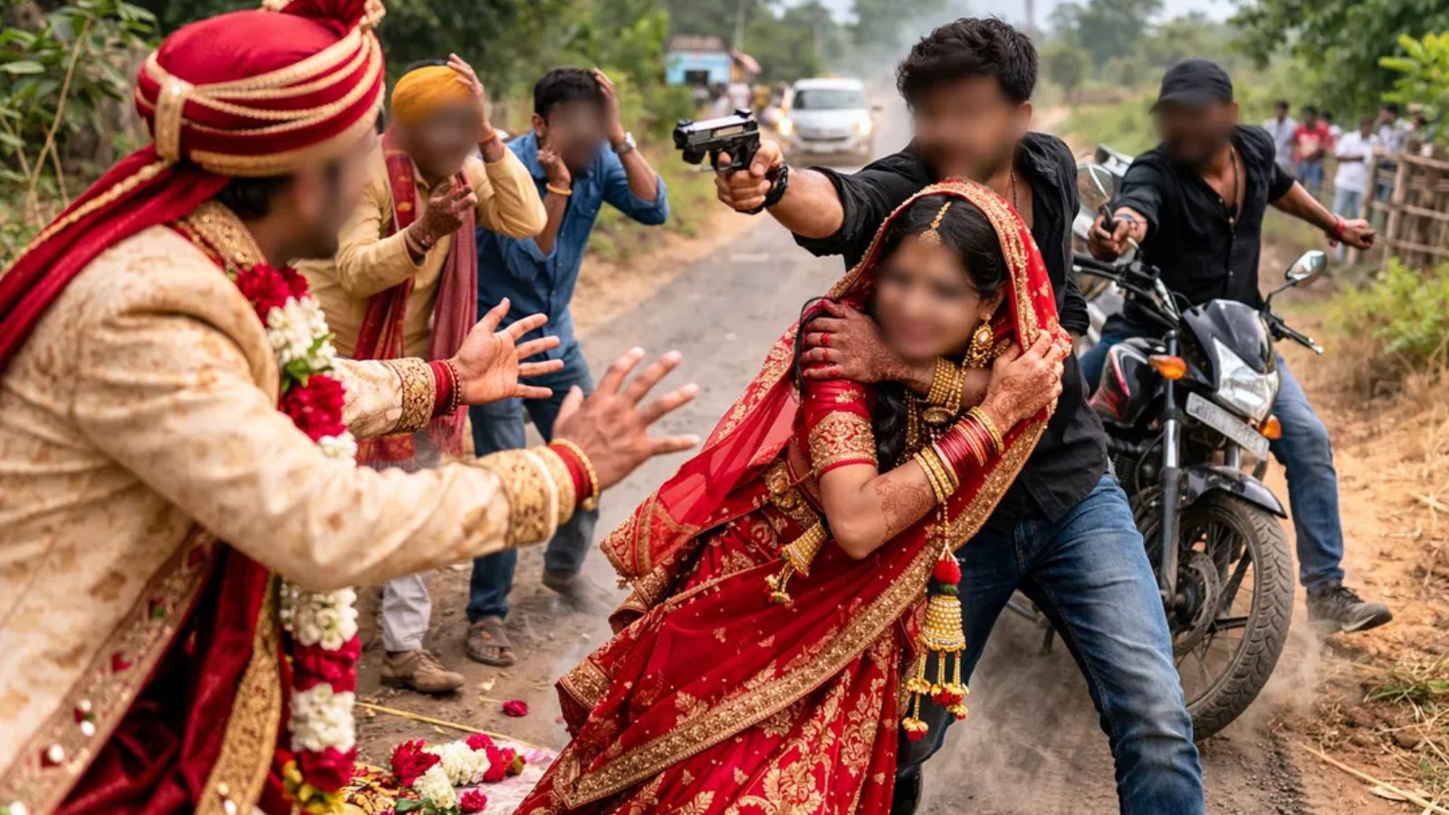 ಮದುವೆ ಮುಗಿಸಿ ಹಿಂದಿರುವಾಗ  ಪತಿ ಹಣೆಗೆ ಬಂದೂಕು ತೋರಿಸಿ ನವವಧುವನ್ನು ಅಪಹರಿಸಿದ ಮಾಜಿ ಪ್ರೇಮಿ