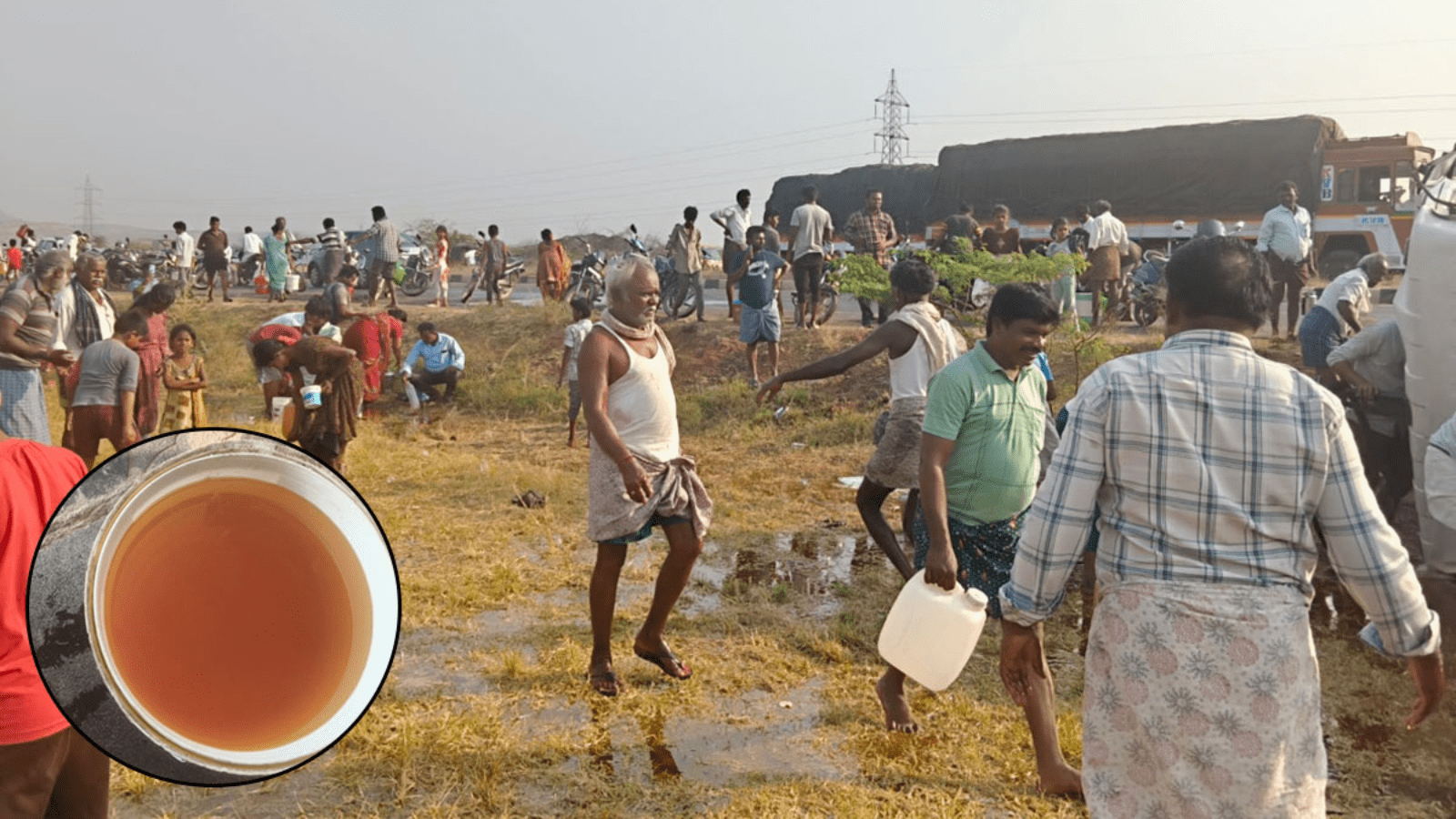 ತಿರುಪತಿಯ ತುಪ್ಪದ ಟ್ಯಾಂಕರ್ ಪಲ್ಟಿ: ರಸ್ತೆಯಲ್ಲಿ ಹರಿದ ತುಪ್ಪ ಸಂಗ್ರಹಿಸಲು ಮುಗಿಬಿದ್ದ ಜನ