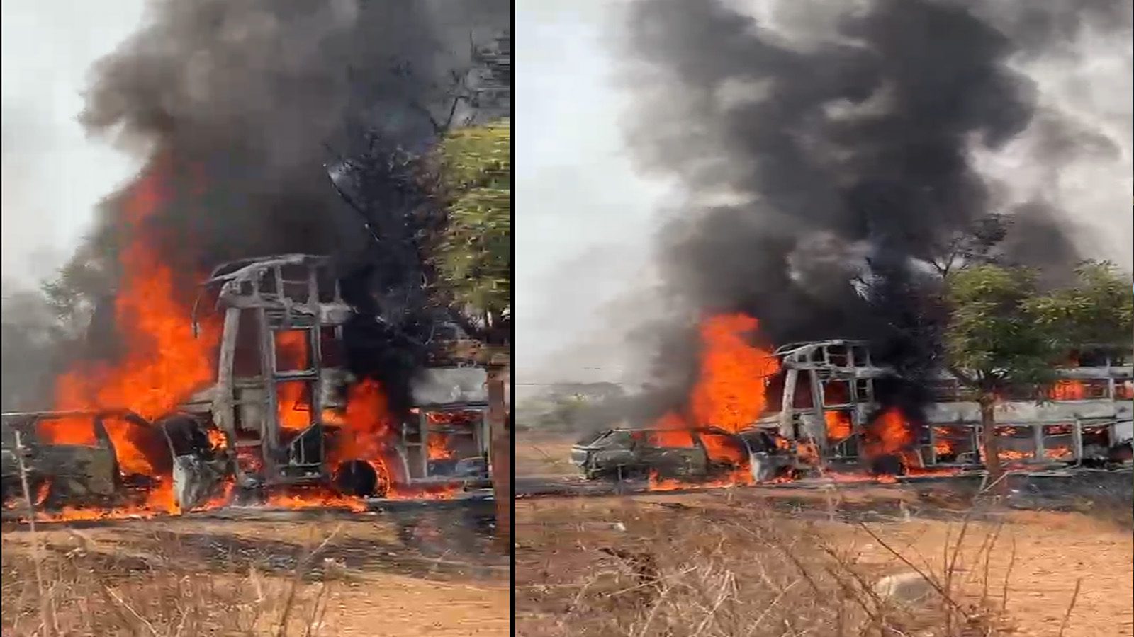 ಖಾಸಗಿ ಬಸ್-ಕಾರ್ ನಡುವೆ ಭೀಕರ ಅಪಘಾತ: 7 ಮಂದಿ ಸಜೀವ ದಹನ