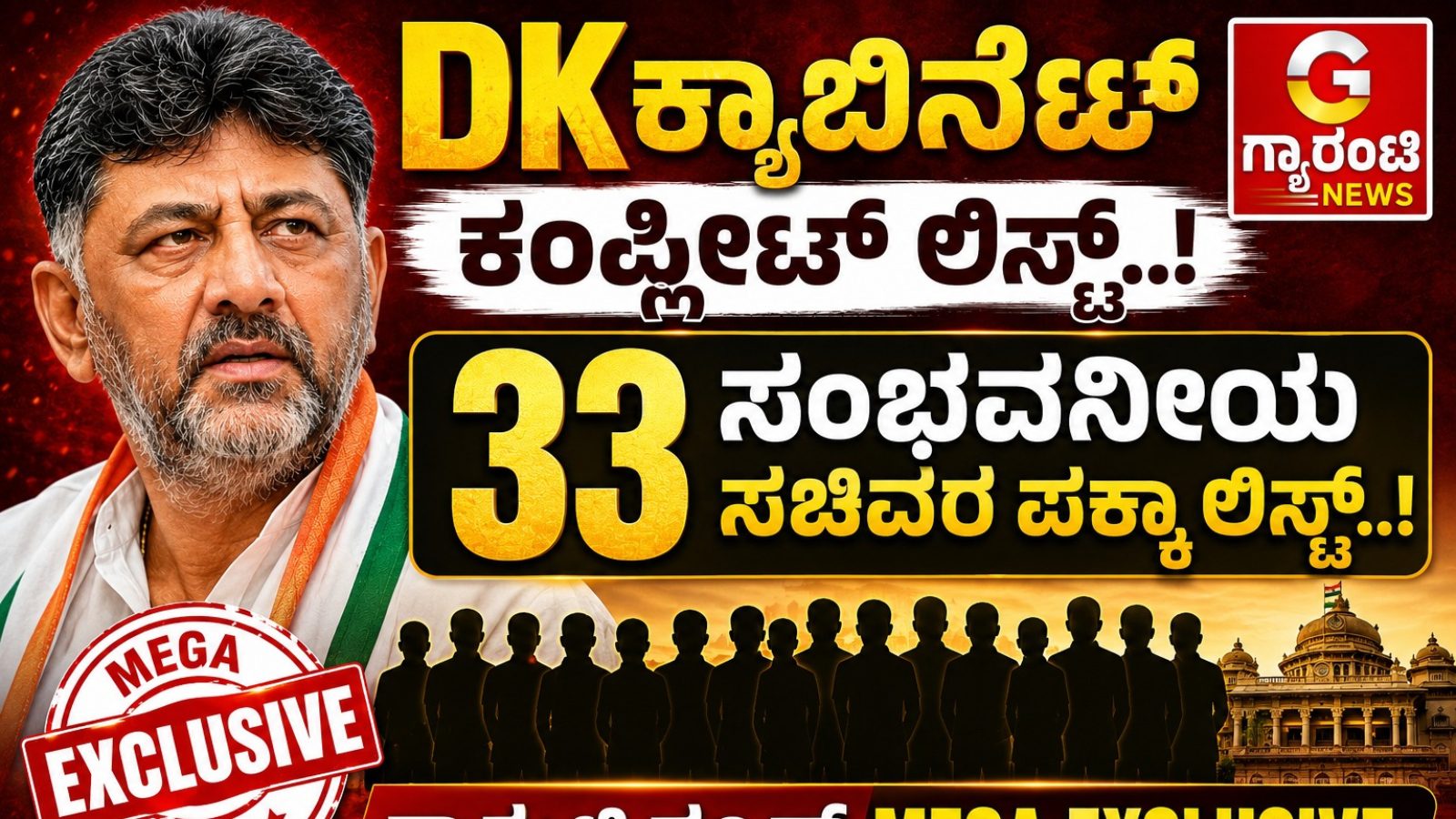 DK ಕ್ಯಾಬಿನೆಟ್ ಕಂಪ್ಲೀಟ್ ಲಿಸ್ಟ್..!  33 ಸಂಭವನೀಯ ಸಚಿವರ ಪಕ್ಕಾ ಲಿಸ್ಟ್..!  ಗ್ಯಾರಂಟಿ ನ್ಯೂಸ್ Mega Exclusive