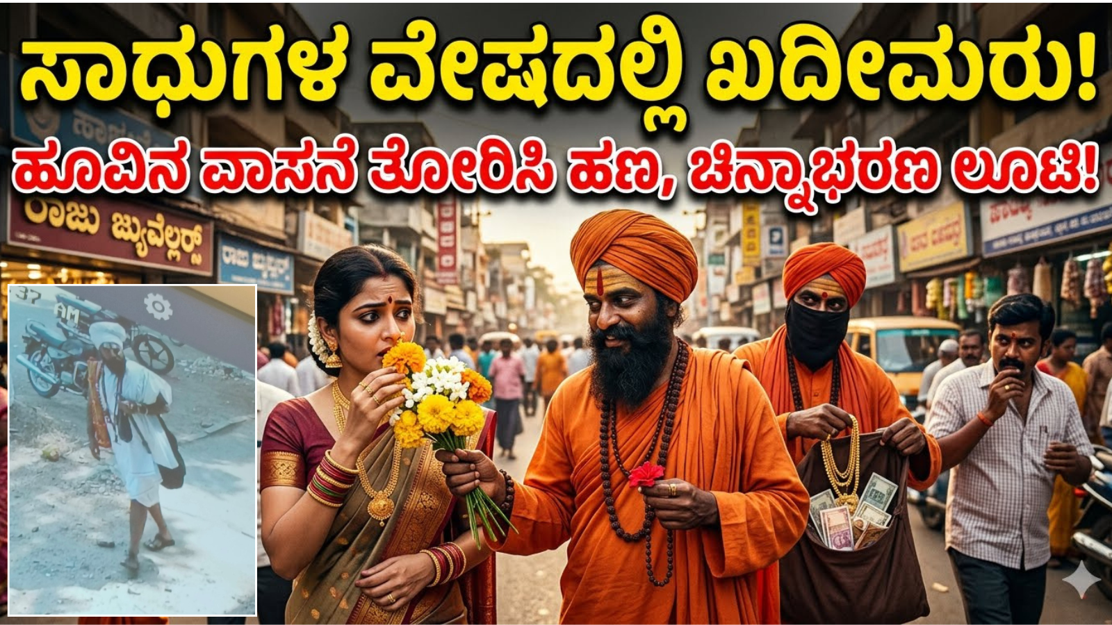 ಸಾಧುಗಳ ವೇಷದಲ್ಲಿ ಖದೀಮರ ಗ್ಯಾಂಗ್: ಹೂವಿನ ವಾಸನೆ ತೋರಿಸಿ ಹಣ, ಚಿನ್ನಾಭರಣ ಲೂಟಿ!
