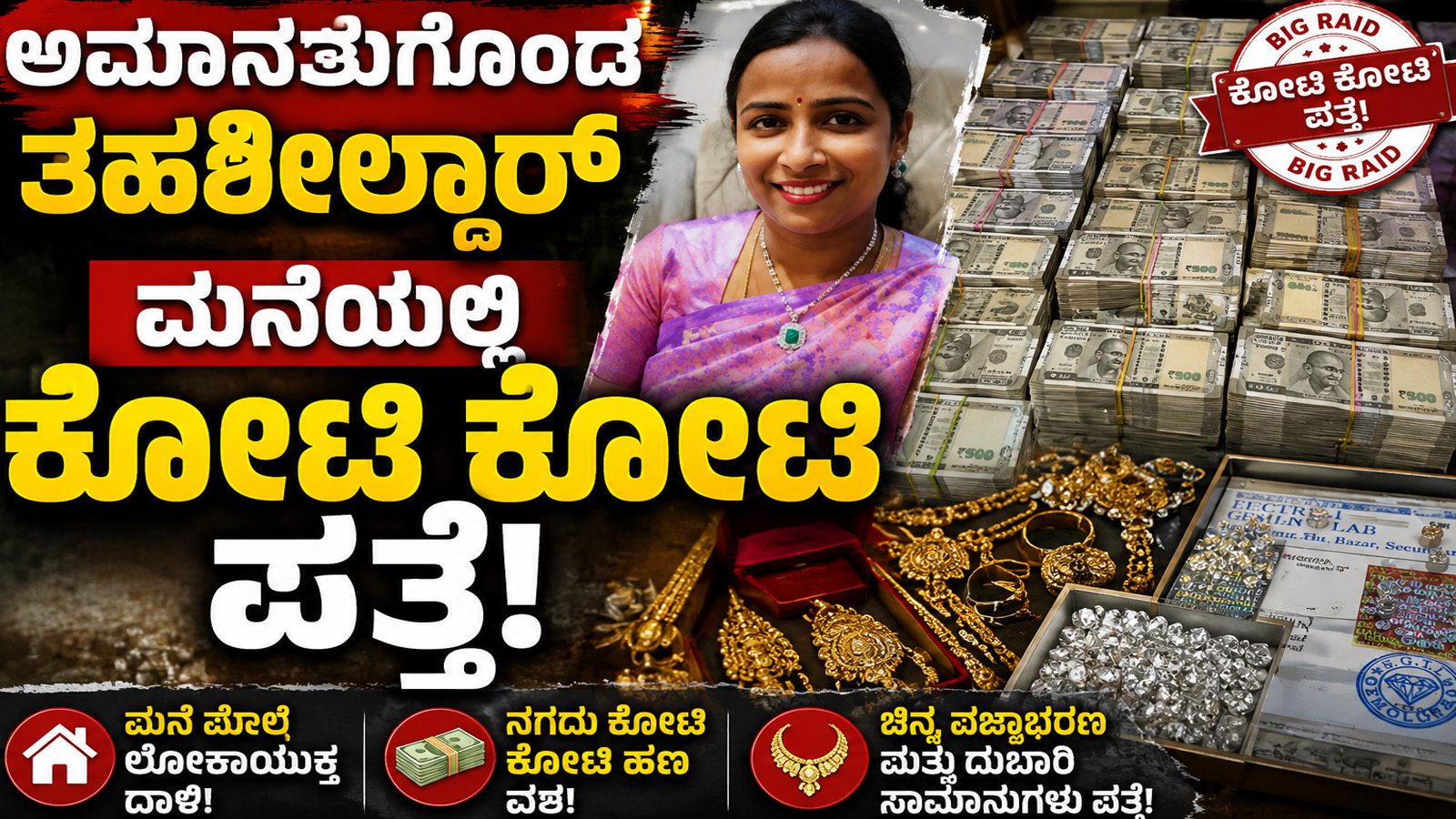 ಅಮಾನತುಗೊಂಡ ತಹಶೀಲ್ದಾರ್ ಮನೆಯಲ್ಲಿ ಕೋಟಿ ಕೋಟಿ ಹಣ: ಎಸಿಬಿ ದಾಳಿಯಲ್ಲಿ ₹5.05 ಕೋಟಿ ಮೌಲ್ಯದ ಆಸ್ತಿ ಪತ್ತೆ