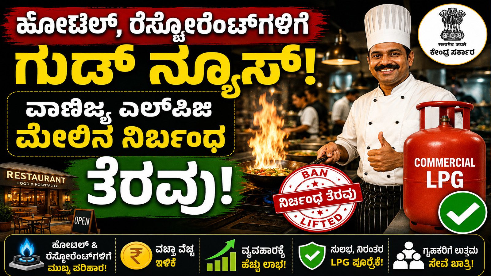 ಹೋಟೆಲ್‌, ರೆಸ್ಟೋರೆಂಟ್‌ಗಳಿಗೆ ಗುಡ್ ನ್ಯೂಸ್: ವಾಣಿಜ್ಯ ಎಲ್‌ಪಿಜಿ ಮೇಲಿನ ನಿರ್ಬಂಧ ತೆರವು